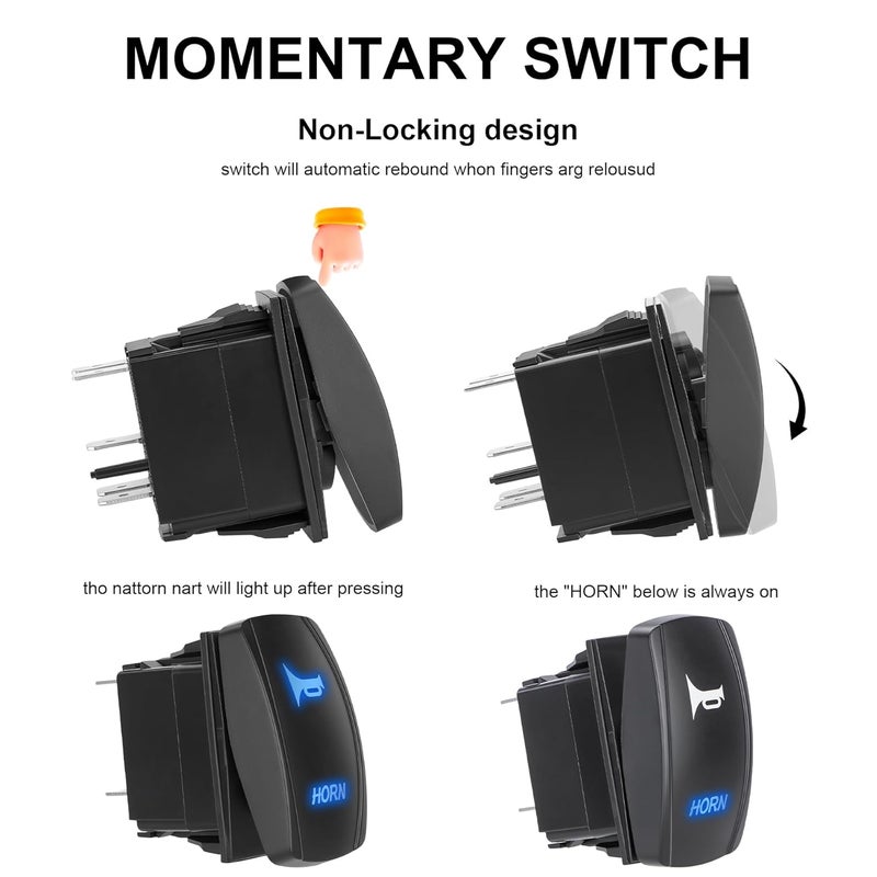 Weasch Horn Momentary Rocker Switch, On/Off SPST 5Pin, 20A/12V 10A/24V, with Jumper Wires Set for Cars Jeeps Boats Trucks, Blue - Image 5